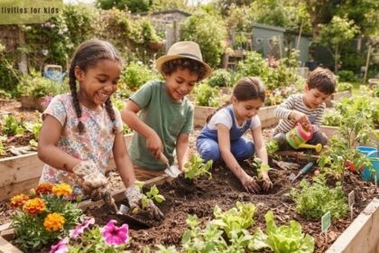 Four young children smiling while planting small green sprouts and watering plants in a raised garden bed outdoors as gardening activites for kids