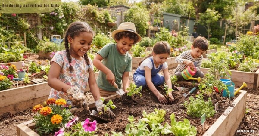 Four young children smiling while planting small green sprouts and watering plants in a raised garden bed outdoors as gardening activites for kids