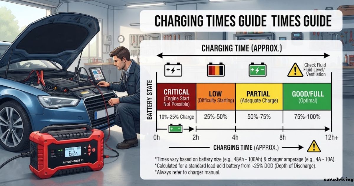 An graphic titled "Charging Times Guide" featuring an illustration of a man charging a car battery next to an approximate charging time chart. The chart divides battery states into four color-coded categories along a timeline ranging from 0 to 12+ hours how long to charge a car battery