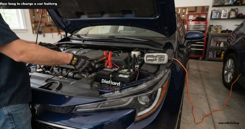 A person wearing black mechanic gloves attaches red and black jumper cables from a NOCO Genius 5 battery charger to a DieHard car battery located under the open hood of a blue car.