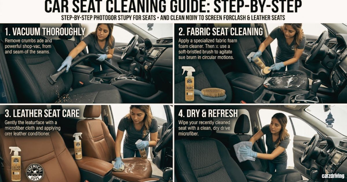 Infographic titled "Car Seat Cleaning Guide: Step-by-Step" broken down into four sequential panels:

1. Vacuum Thoroughly: A person wearing gloves uses a vacuum attachment to clean crumbs and debris from the car seat.

2. Fabric Seat Cleaning: A person applies a specialized fabric foam cleaner to a car seat and uses a soft-bristled brush to agitate it.

3. Leather Seat Care: A person cleans a brown leather car seat using a microfiber cloth and leather conditioner.

4. Dry & Refresh: A person wipes down the cleaned seat with a clean, dry microfiber cloth.