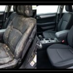 Before and after comparison of car seats, showing a heavily soiled and stained car seat on the left and a thoroughly cleaned, restored dark fabric seat on the right, with the text "how to clean car seats" in the top-left corner.