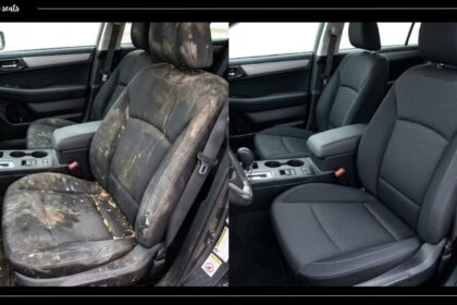 Before and after comparison of car seats, showing a heavily soiled and stained car seat on the left and a thoroughly cleaned, restored dark fabric seat on the right, with the text "how to clean car seats" in the top-left corner.