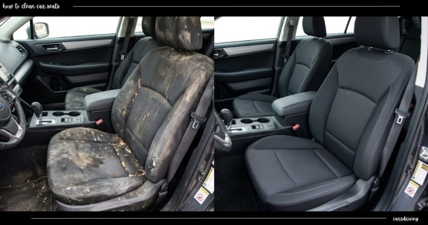 Before and after comparison of car seats, showing a heavily soiled and stained car seat on the left and a thoroughly cleaned, restored dark fabric seat on the right, with the text "how to clean car seats" in the top-left corner.