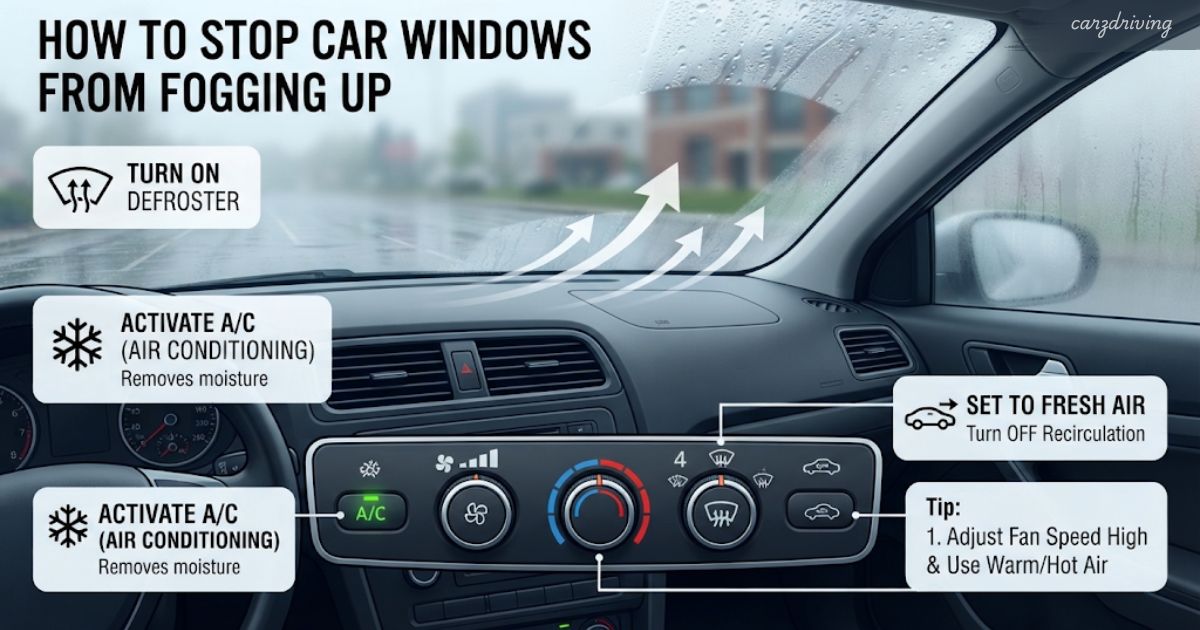 nfographic explaining how to stop car windows from fogging up using dashboard climate controls, defroster, and A/C settings.