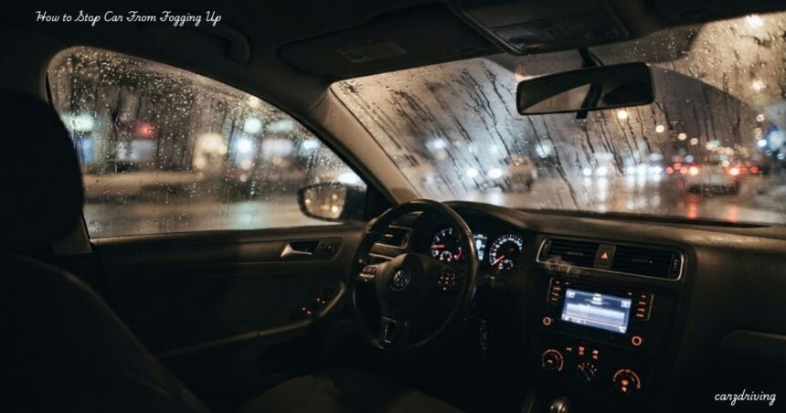 Fogged-up car windshield and rainy windows at night illustrating how to stop car windows from fogging up. and how to stop car from fogging up lay at the corner