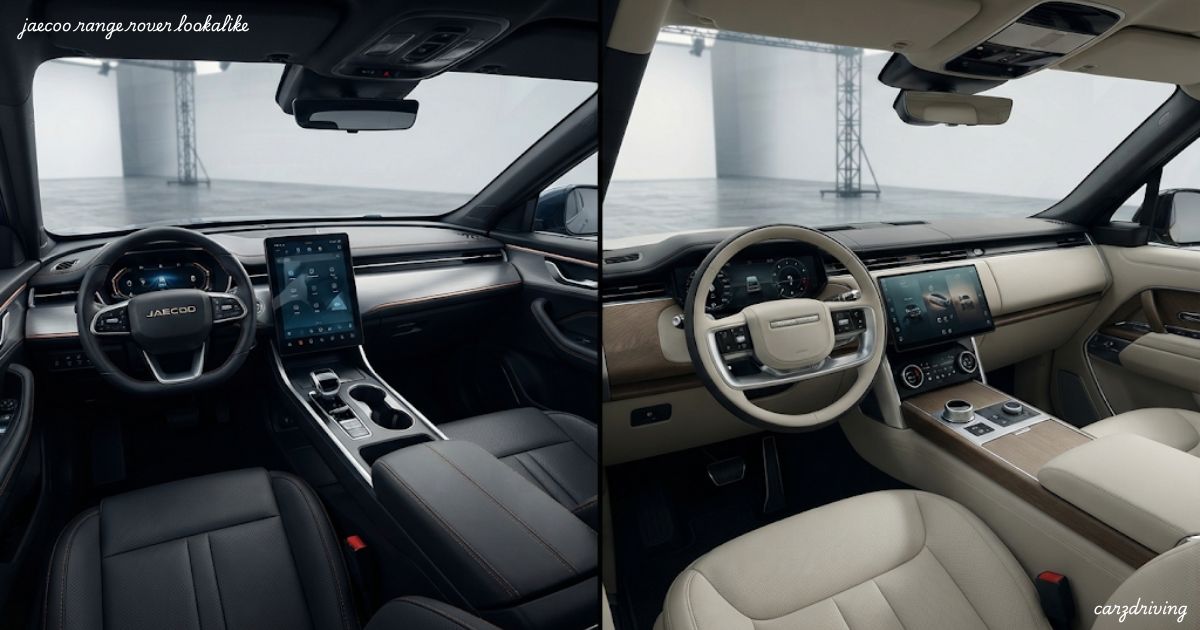 Side-by-side interior comparison of the Jaecoo 7 and a Range Rover, showcasing luxury dashboard layouts, large central touchscreen infotainment systems, and modern steering wheels.