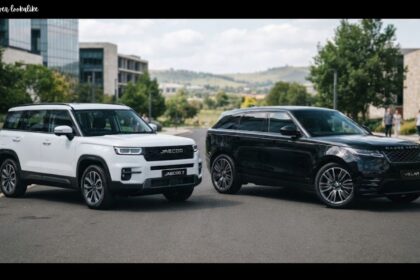 Side-by-side comparison of a white Jaecoo Range Rover lookalike showcasing exterior design similarities.