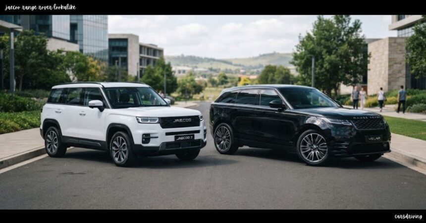 Side-by-side comparison of a white Jaecoo Range Rover lookalike showcasing exterior design similarities.
