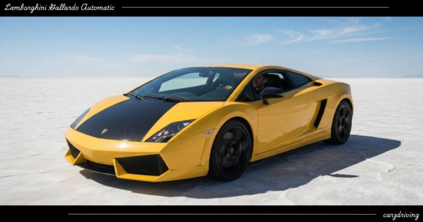 A yellow Lamborghini Gallardo Automatic sports car with a black hood driving across a vast open salt flat under a clear blue sky.