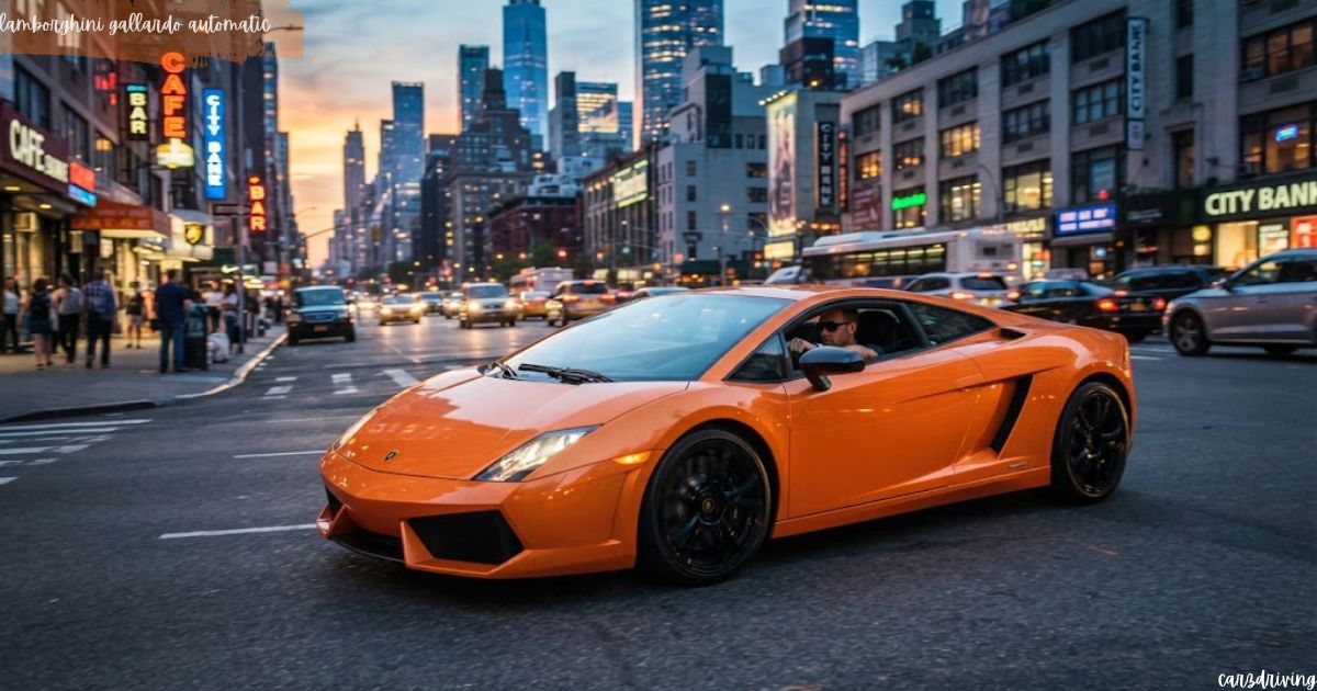 An orange Lamborghini Gallardo automatic sports car driving down a busy city street at sunset, with illuminated storefronts and skyscrapers in the background.