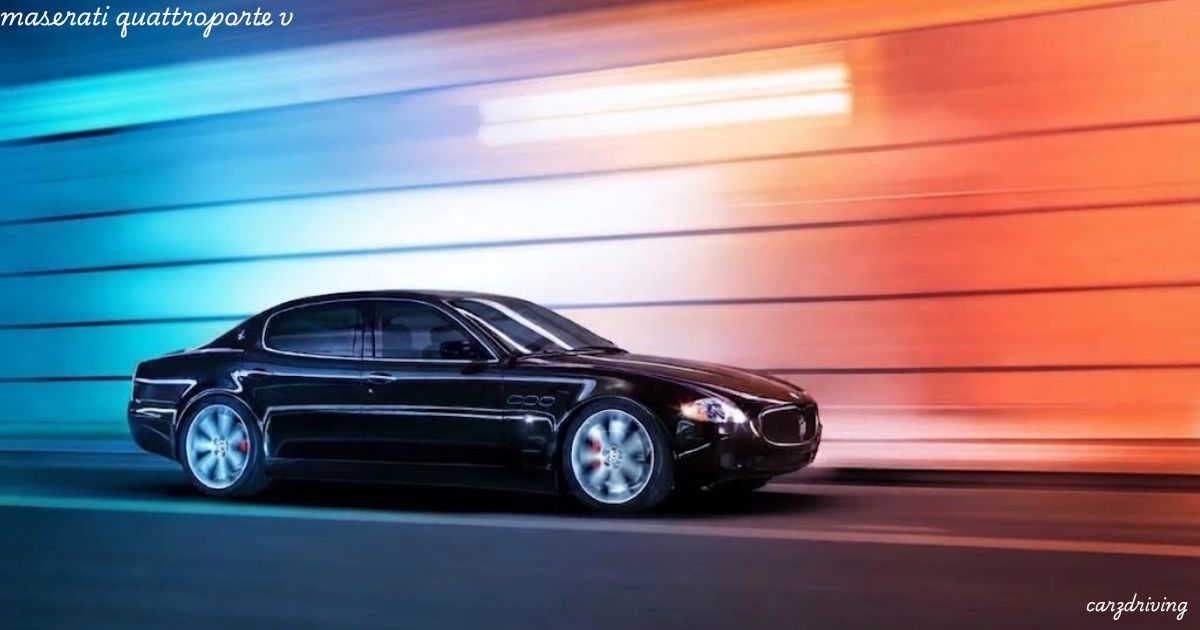 Dark-colored Maserati Quattroporte V sedan driving at speed in a tunnel with motion-blurred blue and orange wall lighting