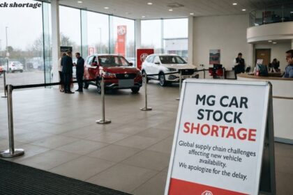 A sign inside a car showroom reading "MG CAR STOCK SHORTAGE" due to global supply chain challenges, with MG vehicles on display in the background.