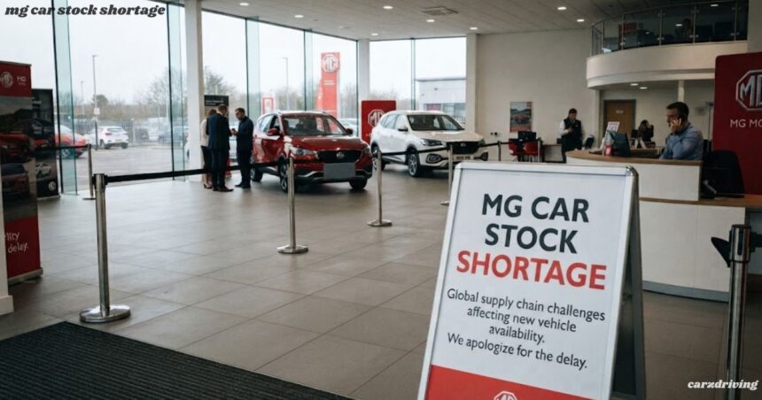 A sign inside a car showroom reading "MG CAR STOCK SHORTAGE" due to global supply chain challenges, with MG vehicles on display in the background.