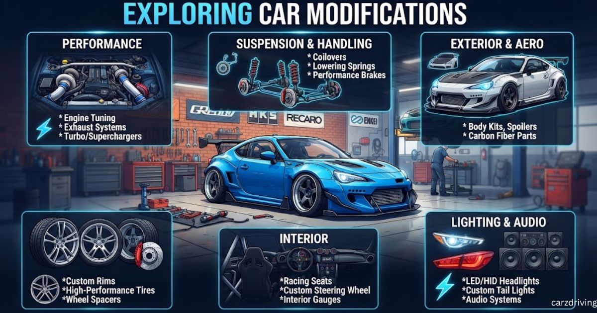 An infographic titled "Exploring Car Modifications" detailing six major automotive upgrade categories around a blue tuner car in a workshop setting.