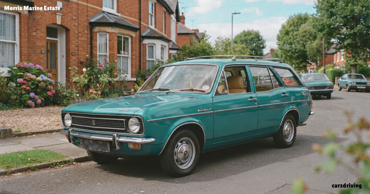 classic teal vintage Morris Marina Estate car parked on the side of a residential street in front of brick houses with flower garden beds