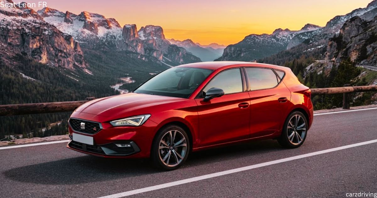 Red SEAT Leon FR parked along a scenic alpine road at dusk.