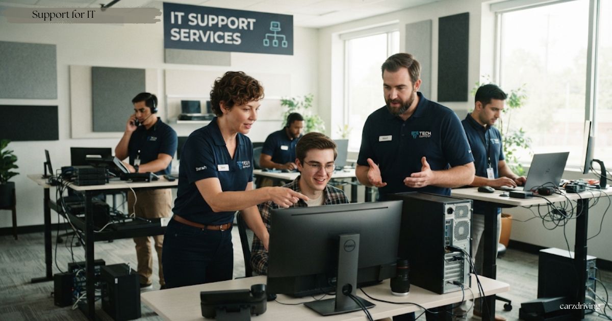 Professional technical specialists providing support for IT teams in a modern office environment.