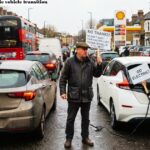 A UK driver holding a protest sign against switching to electric vehicles next to an EV charger at the corner lay uk drivers delaying electric car vehicle
