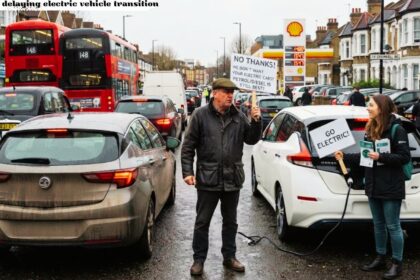 A UK driver holding a protest sign against switching to electric vehicles next to an EV charger at the corner lay uk drivers delaying electric car vehicle