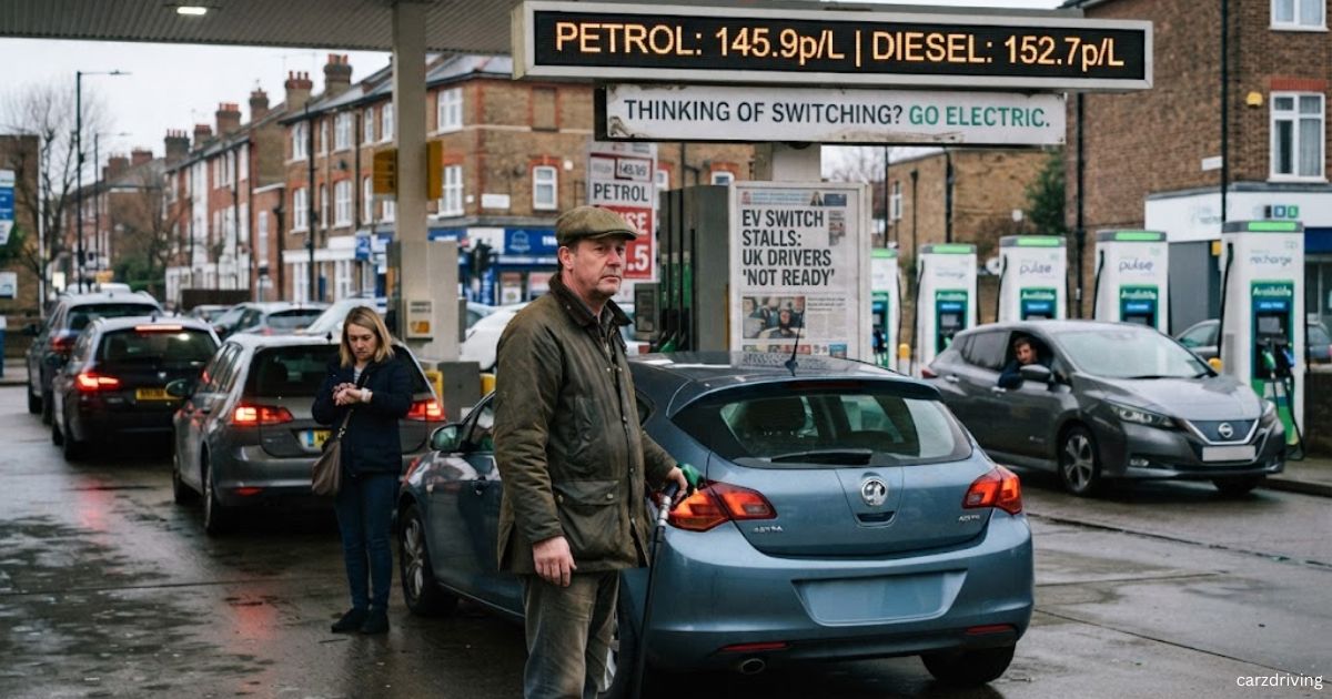 A driver fueling a petrol car at a UK station beside a newspaper billboard about electric vehicle transition delays.