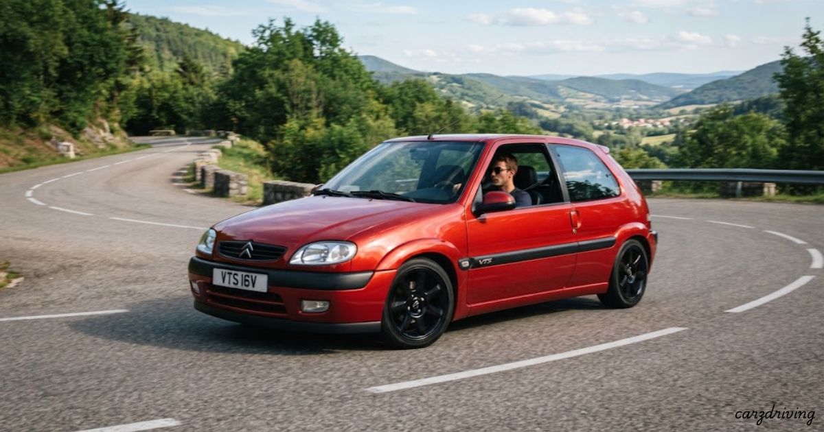 A red Citroën Saxo VTS hatchback driving on a winding mountain road on a sunny day.