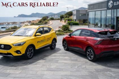 Are MG cars reliable question displayed above a yellow MG ZS EV crossover and a red MG4 hatchback