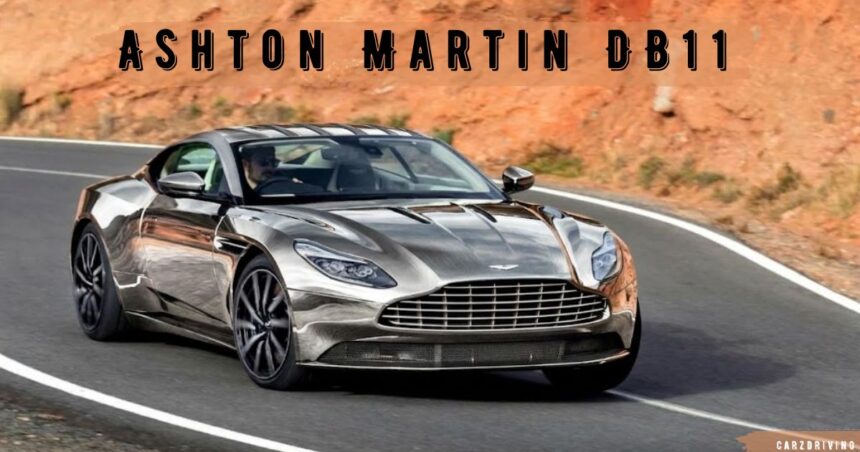 Silver Aston Martin DB11 sports car driving along a winding mountain road
