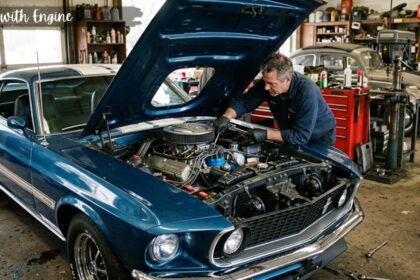 A mechanic working on a classic blue cars with engine exposed under the open hood in a repair shop