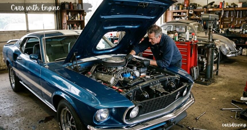 A mechanic working on a classic blue cars with engine exposed under the open hood in a repair shop