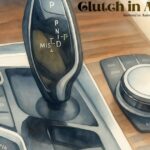 Watercolor illustration of an automatic car gear shifter and center console with text reading 'Clutch in Automatic: Manual vs Automatic'