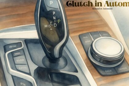 Watercolor illustration of an automatic car gear shifter and center console with text reading 'Clutch in Automatic: Manual vs Automatic'