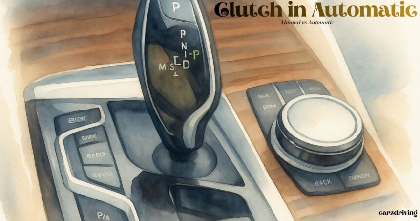 Watercolor illustration of an automatic car gear shifter and center console with text reading 'Clutch in Automatic: Manual vs Automatic'