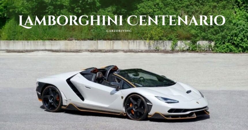 White Lamborghini Centenario Roadster convertible hypercar parked on pavement.