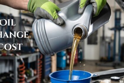 Mechanic pouring fresh motor oil into a funnel with text reading oil change cost