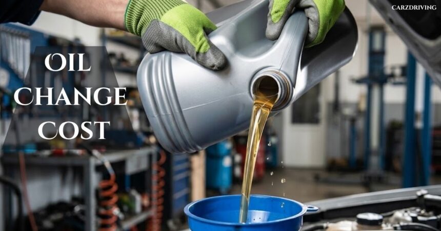 Mechanic pouring fresh motor oil into a funnel with text reading oil change cost