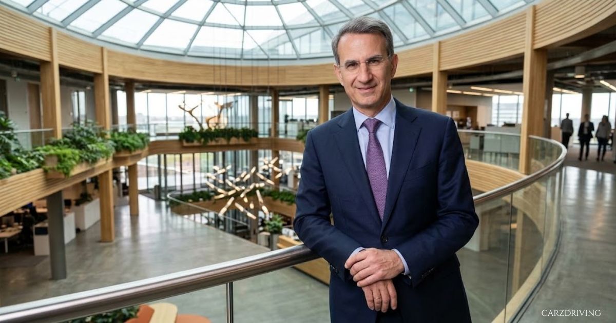 Peter Orszag hair and professional suit in a modern atrium portrait