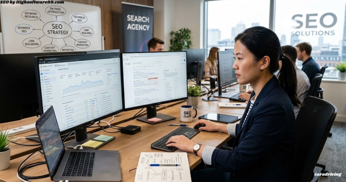 Professional working on keyword SEO and digital marketing strategy using dual monitors in a modern agency office environment.