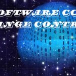 Graphic featured text reading "Software CC: Change Control" set against a starry space background with a blue binary code globe.