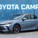 Light blue Toyota Camry sedan parked in front of a blue cinder block wall with bold white title text.