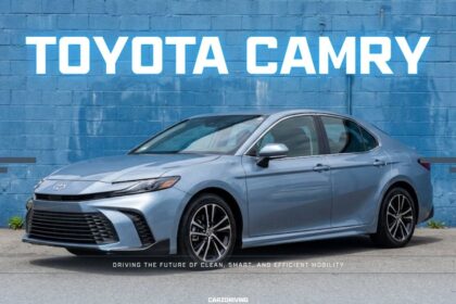 Light blue Toyota Camry sedan parked in front of a blue cinder block wall with bold white title text.