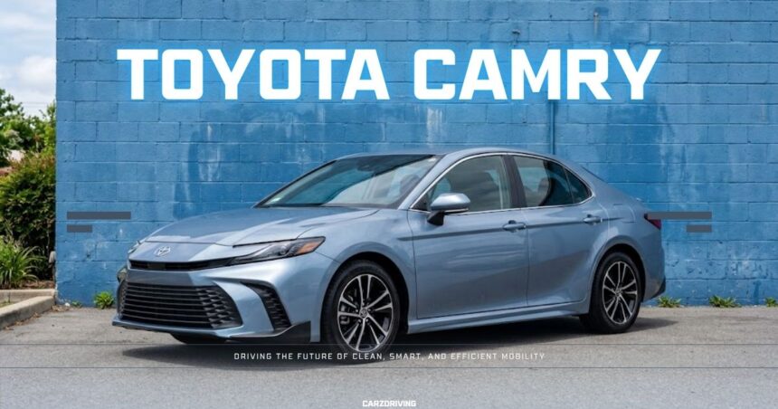 Light blue Toyota Camry sedan parked in front of a blue cinder block wall with bold white title text.