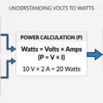 Visual chart showing the volts to watts formula, calculation steps, and electrical power concept