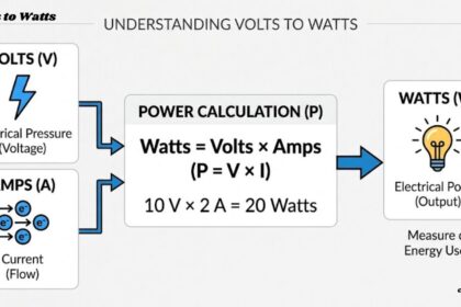 Visual chart showing the volts to watts formula, calculation steps, and electrical power concept
