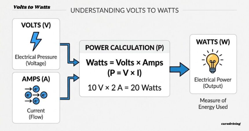 Visual chart showing the volts to watts formula, calculation steps, and electrical power concept
