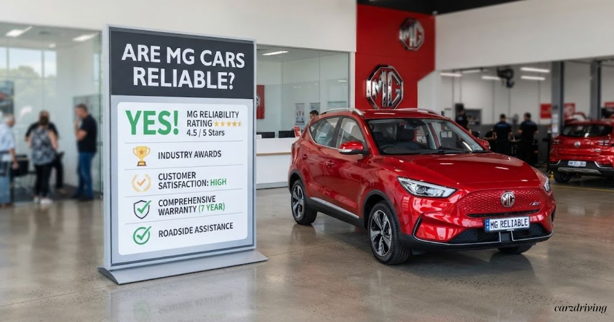 Are MG cars reliable sign displayed next to a red MG ZS crossover inside a dealership