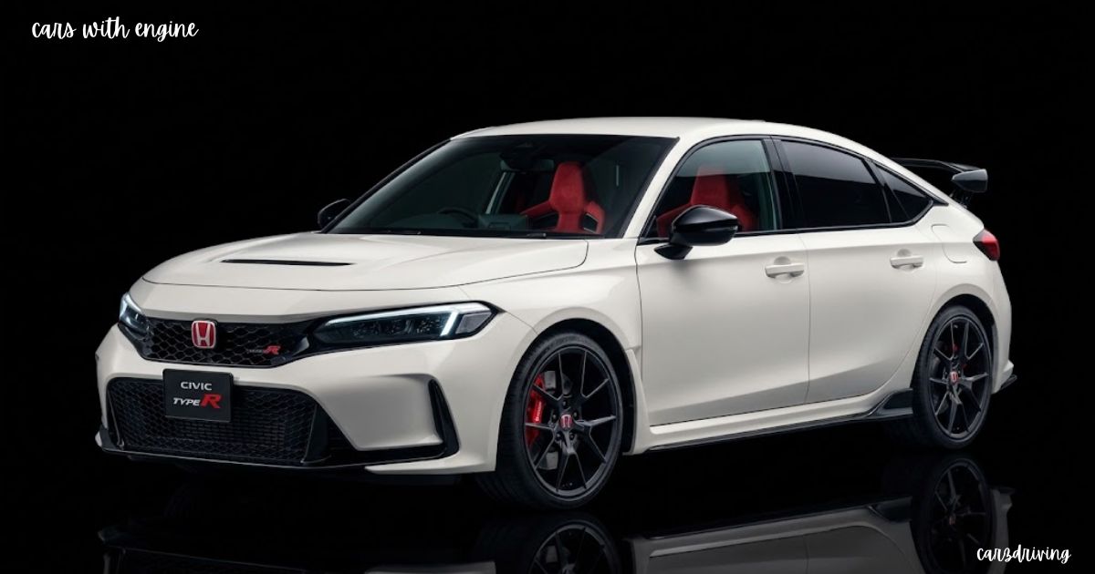 White Honda Civic Type R high-performance cars with engine power on black background
