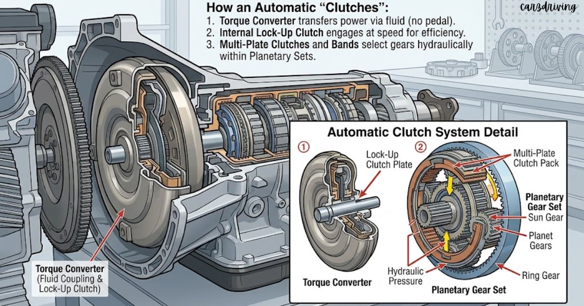 Cutaway illustration of an automatic transmission detailing how clutches work, featuring the torque converter, lock-up clutch plate, multi-plate clutch pack, and planetary gear set.