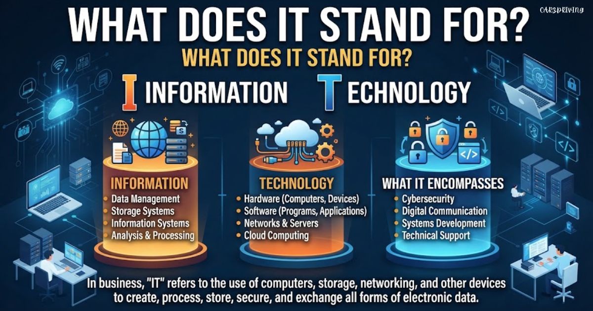 An infographic titled "WHAT DOES IT STAND FOR?" explaining that "IT" stands for Information Technology, divided into columns for Information, Technology, and What It Encompasses.