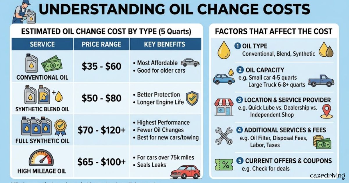Infographic breaking down estimated oil change cost by oil type and key price factors